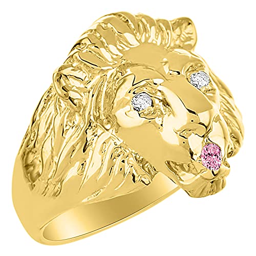 Image of Rylos Lion Head Ring Color Stones Eyes & Diamond Mouth - Fun Designer Rings in Sizes 8-13 in Yellow Gold Plated Silver