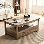 LINSY HOME Farmhouse Coffee Table with Storage, Wood Coffee Table for Living Room, Open Display Area and Storage Drawers with Metal Handles, Chic Style with Curved Base, Brown - Image 2