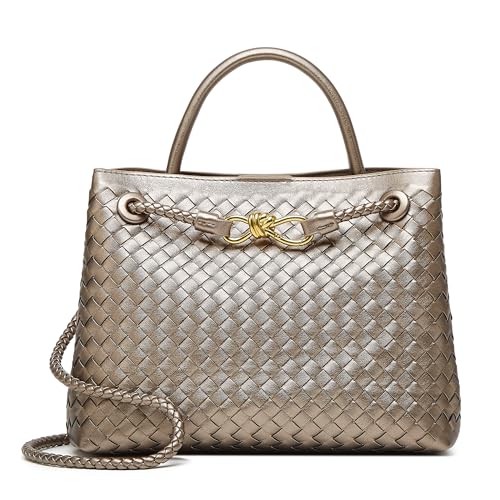 Woven Bag for Women Crossbody Handbag: Vegan Leather Small Tote Purse - Trendy Shoulder Handbag - Bowknot Satchels (Large, Light Copper and Silver)