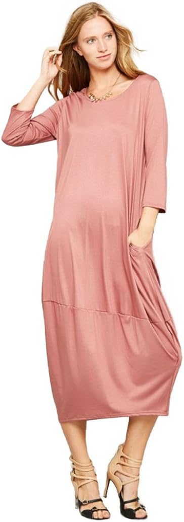 Tabeez Women's Casual 3/4 Sleeve and Long Sleeve Loose Bubble Jersey Shift Cocoon Midi Dress (Made in The USA)