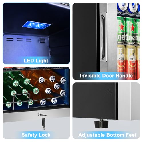 Image of Beverage Refrigerator 126 Can, Mini Beverage Fridge Small Beverage Cooler Stainless Steel with Glass Door Safety Lock, Drink Fridge for Beer Soda Wine, Perfect for Dorm Office Hotel