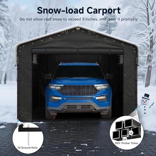 Image of 10x15FT Heavy Duty Metal Carport, Outdoor Carport with Galvanized Steel Frame and Roof, Multi-Use Car Garage Shelter with Removable Sidewalls, Enclosed for Cars, Pickup, Tractors, Tools, Cream White