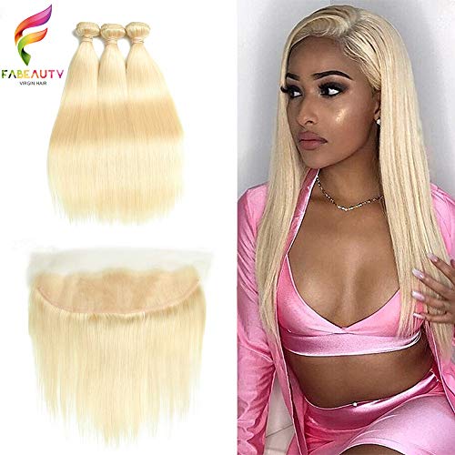 Fabeauty 613 Blonde Human Hair Bundles with Frontal Brazilian Straight with Frontal 100% Virgin Human Hair Weave with 13x4 Lace Frontal (20 20 22+18)