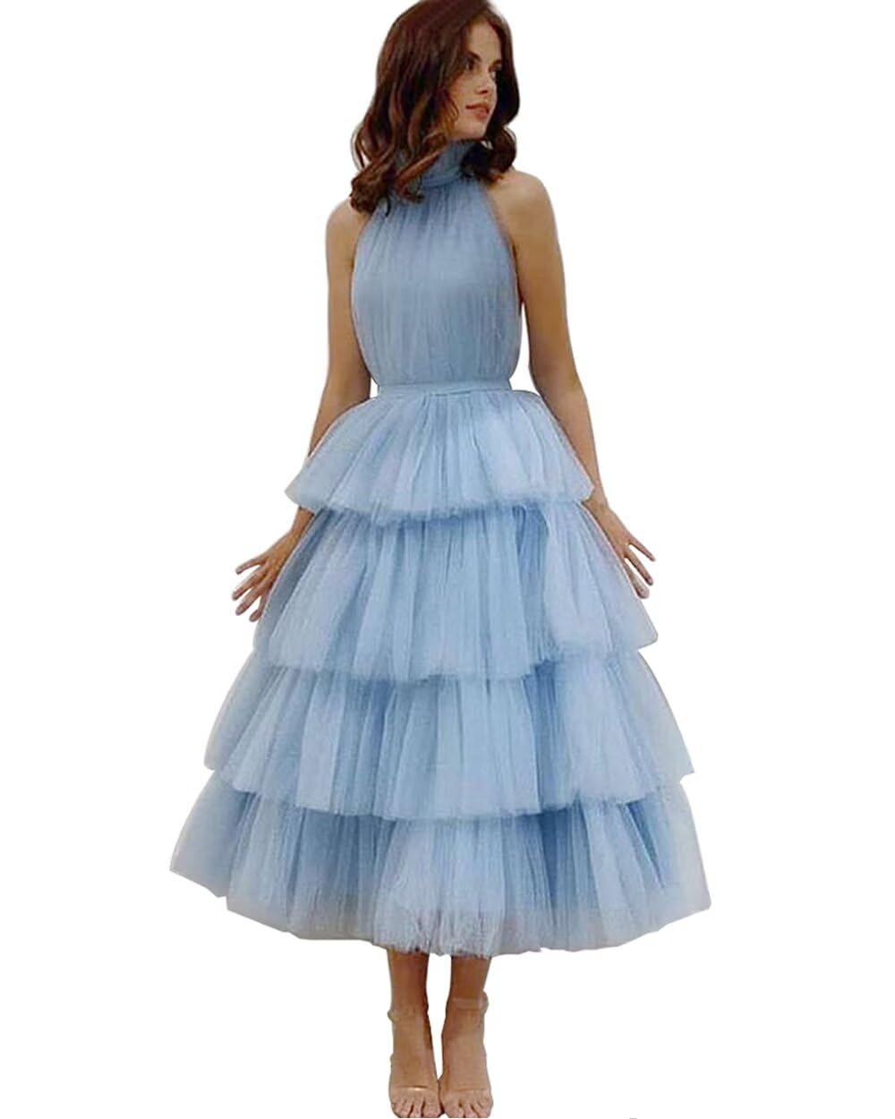 WDBFY Women's Tiered Tulle Prom Dresses Tea Length Halter Homecoming Dress A-Line Formal Evening Party Gown