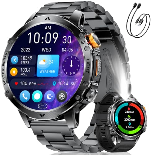 LIGE SMART 1.7″ HD Smartwatch Herren, 1600mAh/ LED Taschenlampen, Schwarz