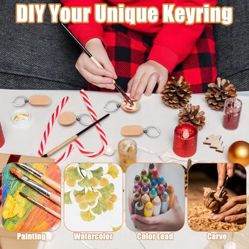 24 Schlüsselanhänger Rohlinge Holz, Wooden Schlüsselanhänger Blanko, Runder Holz-Schlüsselanhänger+Rechteckiger Schlüsselanhänger, DIY Blank Holz Schlüsselanhänger für Malerei Dekoration Geschenke