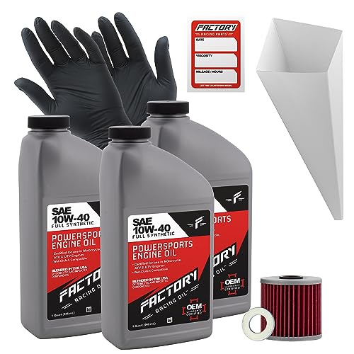 Factory Racing Parts Oil Change Kit compatible with Kawasaki KLF220 KLF250 KSF250 – Includes 3 Quarts of 10W-40 Full Synthetic Oil, 1 Filter, 1 Crush Washer, 1 Funnel, 1 Oil Change Sticker