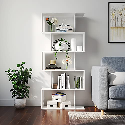 Yusong Bookshelf, Geometric Bookcase S Shaped Book Shelves Unit for Living Room, 5 Tier Decorative Display Shelf for Bedroom, Study Room, White by Yusong - Image 7