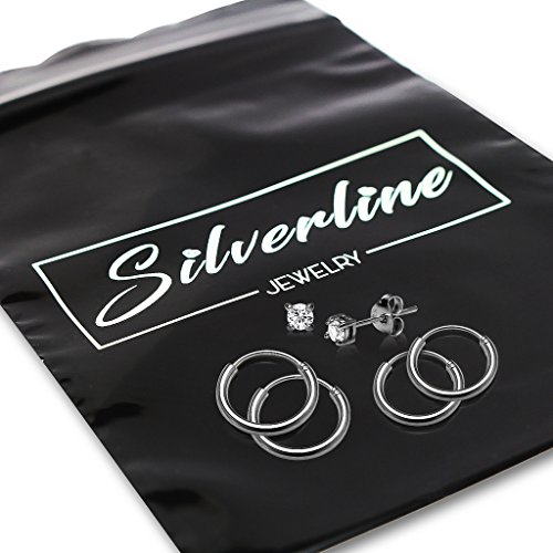 3 Pairs Sterling Silver Earrings Set for Women Girls 10mm 12mm Endless Hoops & 3mm Round CZ Stud Design3