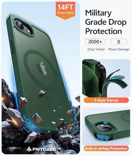 Image of FNTCASE for iPhone 17e Case: iPhone 16e Phone Case [Compatible with Magsafe] Translucent Matte Cases with [Screen Protector] Military Grade Shockproof Protective Phone Cover - Green
