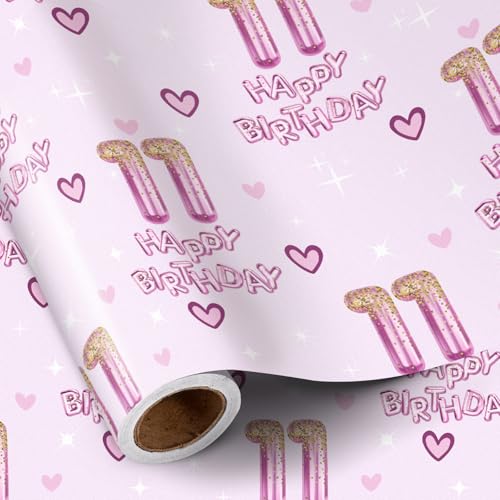 RUSPEPA 11th Birthday Wrapping Paper Girls, Hearts and Pink Number 11 Balloons Happy Birthday Design, 11 Years Old, Mini Roll, 17 Inches x 16.4 Feet, Perfect for Girls' Birthday Party Gifts