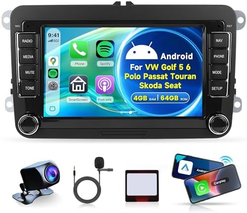 Rimoody 4G+64G Android Car Stereo for VW Golf 5 6 Polo Passat Touran Skoda Seat with Carplay, 7 Inch Car Radio with 32EQ DSP GPS Bluetooth FM RDS WiFi Android Auto UI Themes Rear View Camera