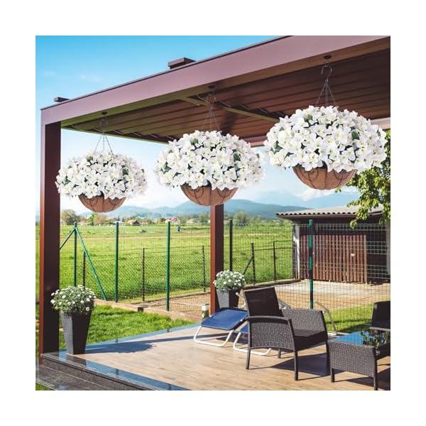 Artificial hanging flowers with basket for spring summer outdoor decor fake silk bougainvillea flowers in planter faux plant flower for patio garden porch balcony outside white new  urban country home decor