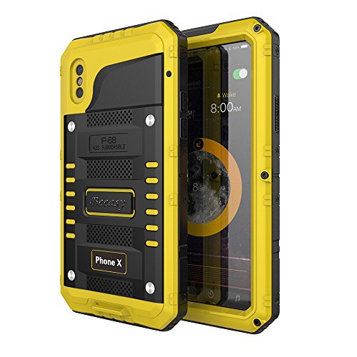 Beeasy Funda Impermeable iPhone X, [Antigolpes Sumergible] Carcasa Resistente Rígida Antipolvos Reforzada Waterproof Metálica Aluminio Grado Militar a Prueba de Agua Case para iPhone 10,Amarillo