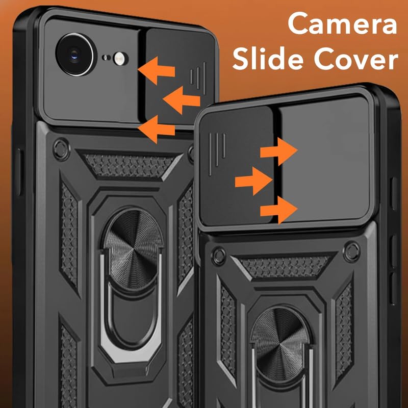 Image of Shockproof Back Case Cover for iPhone 16e /17e 5G, Shockproof iPhone 16e /17e Back Cover, Ring Case with Kickstand and Camera Protection Shutter - Black