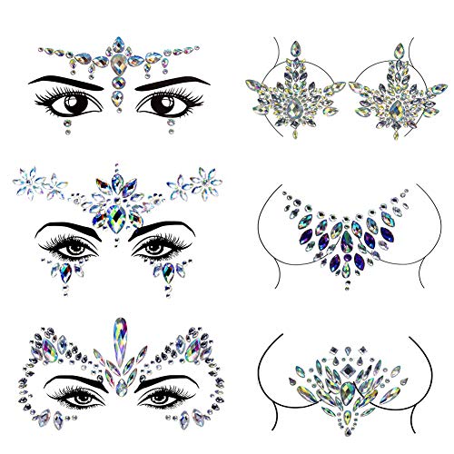 6 sets Face Gems, Halloween Waterproof Crystals Facial Jewels Tattoos Tick on Eyes Face Fit Rhinestone Temporary Stickers for Halloween Party Carnival