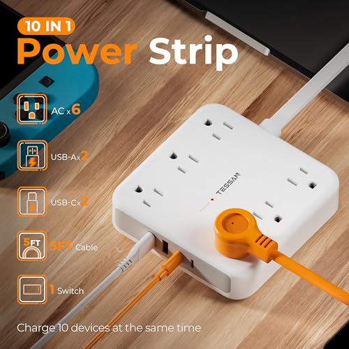 Flat Plug Extension Cord Indoor, TESSAN Surge Protector Power Bar with 4 USB (2 USB C), Power Strip with 6 Multi Plug Outlets, 1250W, Charging Station Wall Mount for Dorm Room Home image 8
