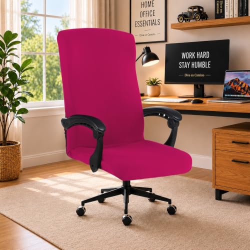 Image of Stretch Computer Office Chair Cover with Durable Zipper - Universal Washable Removable Spandex Rotating Boss Chair Slipcovers - Anti-dust Soft Desk Chair Seat Protector for Dogs, Cats, Pets - Hot Pink
