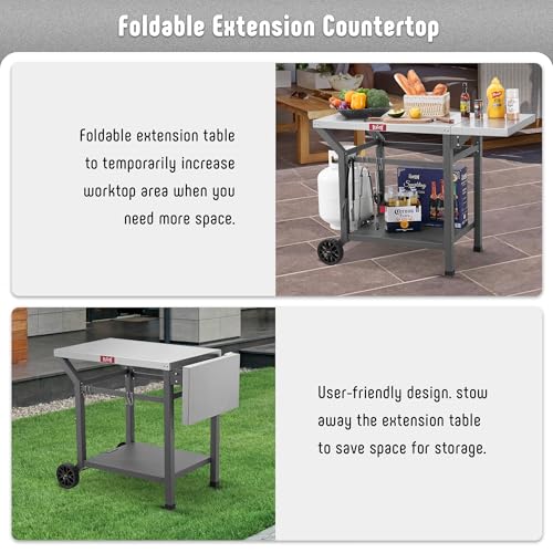 Feasto Movable Grill Table with Folding Side Table, Pizza Oven Table as BBQ Food Prep Cart with Undershelf for Outdoor & Indoor Use, 43\" L x 20\" W Stainless Steel Tabletop, Grey
