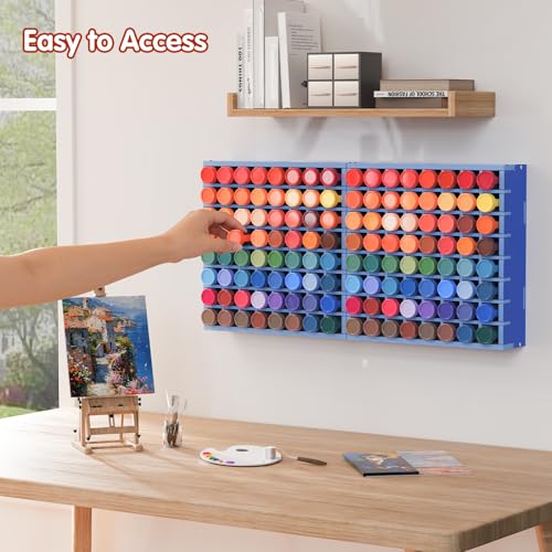 Image of Krafetto 2 Pack 64 Grids Paint Organizer Storage Rack, Wall-mountable Craft Paints Holder, Paint Bottle Organizer Rack Stand for 2 oz Acrylic Craft Paints, Blue