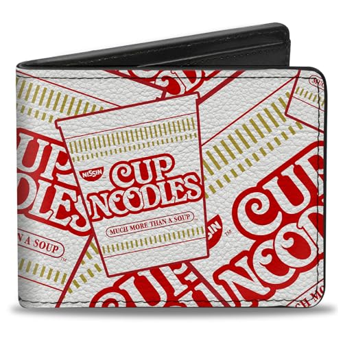 Buckle-Down Men's Foods Wallet, Bifold, Nissin Noodles Cups Stacked White Red Dark Yellow, Vegan Leather, 4.0
