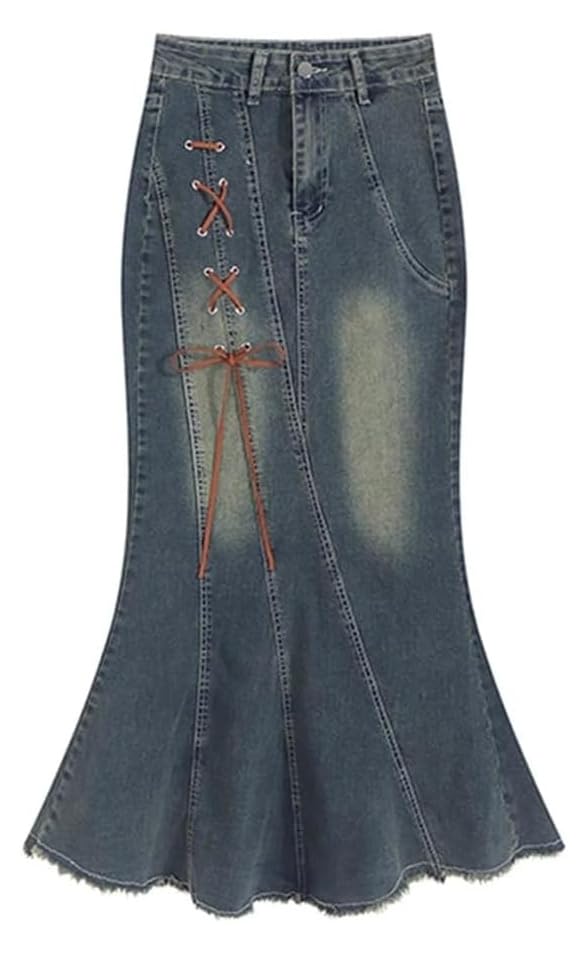 Women's Vintage Denim Long Skirts Lace-Up Trumpet Ankle-Length Skirt