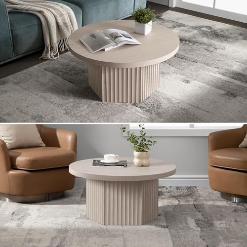 Image of SICOTAS 32 inch Modern Round Coffee Table, Mid Century Fluted Coffee Table with Storage, Accent Center Table for Living Room, Small Space, Apartment, White Alder