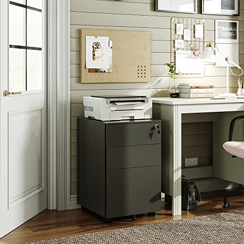 Image of DEVAISE 3 Drawer Locking File Cabinet, Under Desk Metal Filing Cabinet for Legal /Letter /A4 File, Fully Assembled Except Wheels, Black
