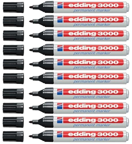 edding 3000 Permanentmarker - schwarz - 10 Stifte - Rund-Spitze 1,5-3 mm - schnell trocknender Permanent Marker - wasserfest, wischfest - für Karton, Kunststoff, Holz, Metall - Universalmarker
