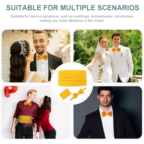 Set de pajarita, fajín y pañuelo de bolsillo amarillo para hombre miniatura 7