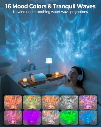 Image of Spa-Like Shower Lamp Waterproof, 16 Colors Bathroom Mood Lighting Cordless | Rechargeable, Remote & Touch Control, LED Ocean Wave Projector Light for Inside Shower, Bath, Bedroom, Outdoor, Patio (Black)