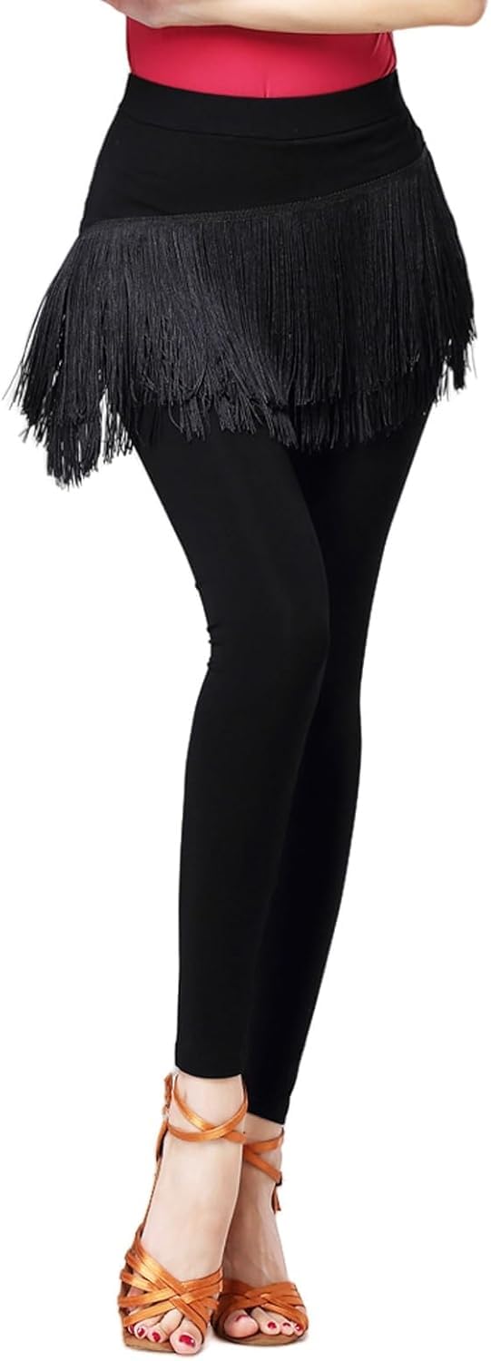 Damskie Spodnie Do Tańca Latynoskiego Ze Spódnicami Z Frędzlami Spodnie Balowe Tassel Tango Salsa Spodnie Do ćwiczeń Tanecznych, Black, XXL
