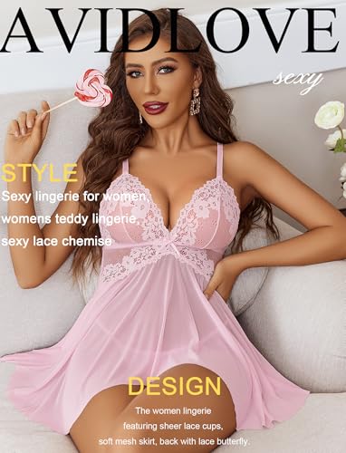 Image of Avidlove Sexy Lingerie for Women V-Neck Lace Babydoll Mesh Chemise Sleepwear Boudoir Outfits