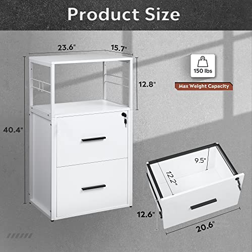 Devaise 2 Drawer Lateral File Cabinet With Lock, Filing Cabinet Fits Letter/Legal/A4 Size, Large Printer Stand With Storage Shelves For Home Office, White #TOP4