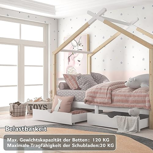 Sweiko Cama infantil de 90 x 200 cm, cama con 2 cajones, madera maciza de pino, cama con somier para niños y adolescentes, sin colchón - imagen 3