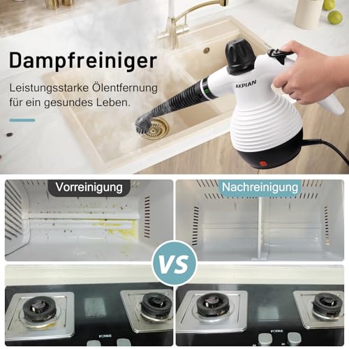 AKPIAN Handdampfreiniger 1050W, 10-teiliges Zubehörset, multifunktionaler Dampfreiniger, zur chemiefreien Reinigung von Fliesenfugen, Fenstern, Herdplatten, Badezimmern & Autos