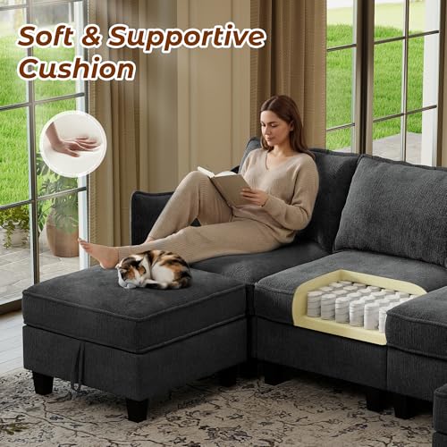 WorthFurni 112" Modular Sectional Sofa U Shape Couches with Storage Ottoman and Washable Cushion Cover for Living Room, Bedroom, Apartment(Black) - image 6