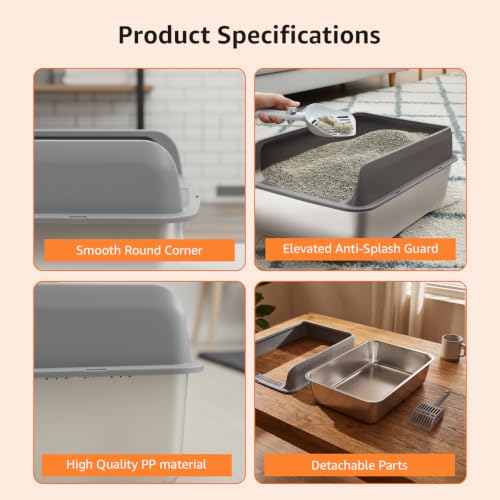 Image of Amazon Basics Stainless Steel CAT Litter Box with Elevated Anti-Splash PP Guard Gray Open-TOP Easy-Clean Litter Tray for Cats 60.0 (L) x 37.8 (W) x 24.4 (H) CM