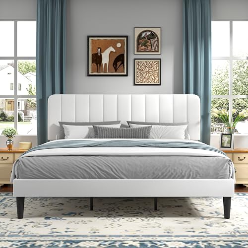 Image of VECELO King Size Bed Frame with Upholstered Headboard, Velvet Platform Bedframe Mattress Foundation, Strong Wood Slat Support, No Box Spring Needed,White
