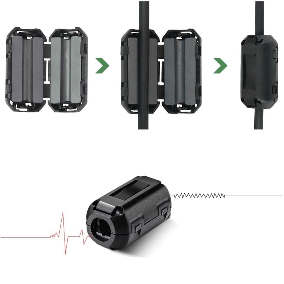 40 Stück Ferritkerne für Kabel - Ferritfilter Klappferrit Set mit 6 Verschiedene Größen - Ferritkern Ring - Entstörfilter für Kabel RFI EMI - Schwarz - Innendurchmesser von 3.5 mm bis 13 mm.