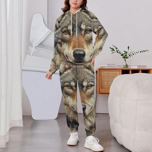 Boys' Girl's Sweatshirt Set 2 Piece Pullover Hoodie Jogger Sweatpants Pants, Wolf Hunting USA Flag2