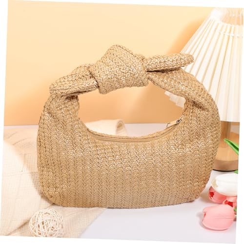 Beige Straw Handbag Bow Purse Polyester Clutch Bag for Women Trendy Beach Bag4