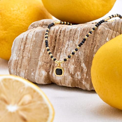 Black Crystal Pendant Necklace 18k Gold Plated Beaded with Gemstones Chain Necklace for Women 17.7" Choker Tennis Necklace Elegant Jewellery Trendy Gift for Girlfriend Mother4