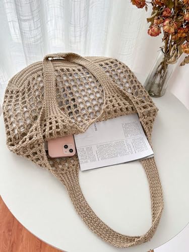 Image of SweatyRocks Women's Crochet Beach Mesh Tote Bags Retro Hobo Knitted Fishnet Handbags Khaki one-size