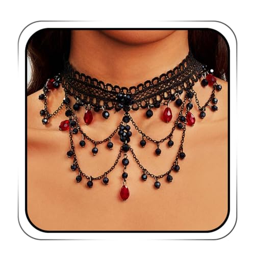 ACEDRE Gothic Lace Beads Choker Necklace Black and Red Retro Vampire Costume Collar for Women