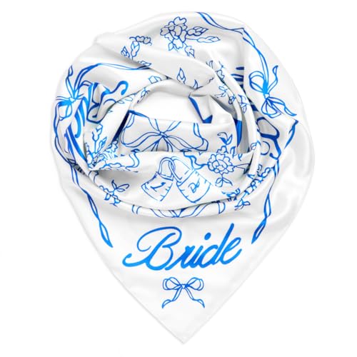 xo, Fetti Bride Head Scarf, 27x27 in | Bachelorette Bandana, Bridal Headwear, Bach Party Accessory, Bridesmaid Gift, White Wedding Handkerchief, Something Blue Silk Hat