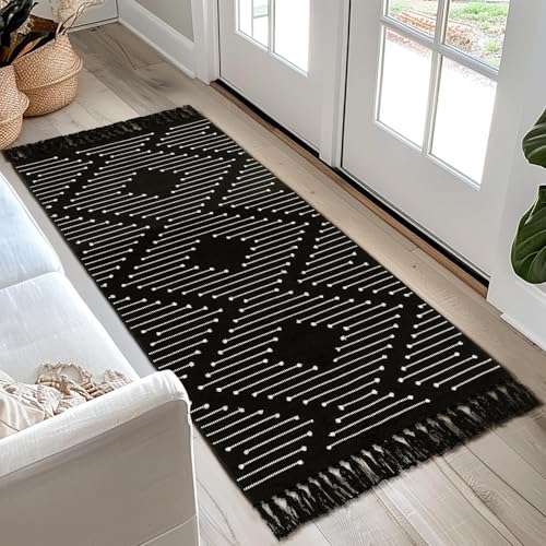 Tapete corredor boho 61x183 cm algodón negro y blanco miniatura 2