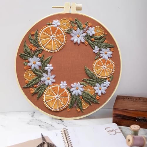 Image of Huacan Embroidery Kit for Beginners Adults Includes Stamped Orange Pattern, Hoop, Color Threads,Tools,Easy to Follow Instruction