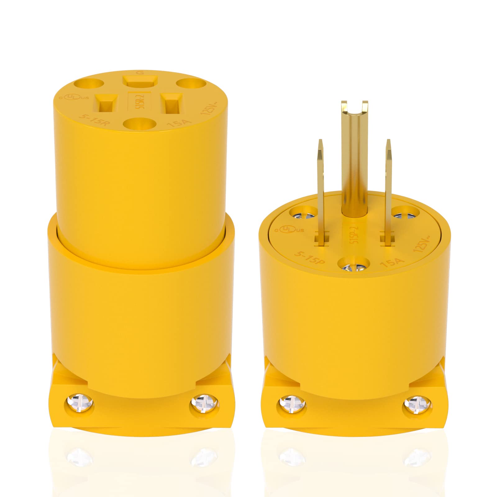 1 Set Extension Cord Ends Electrical Replacement Plug & Connector NEMA 5-15P & 5-15R 15A 125V Yellow Shell 2Pole 3Wire Straight Blade Plug Grounding Type,UL Listed.