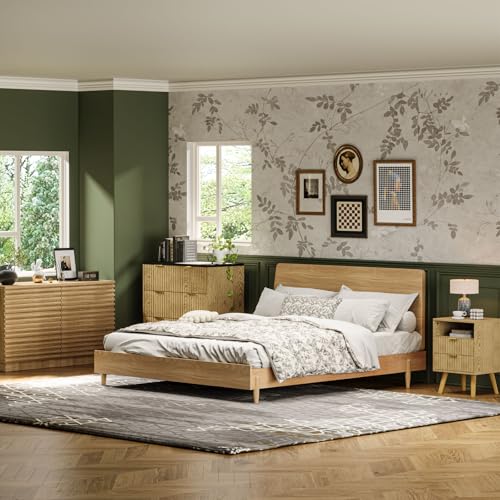 Image of BREEZEHEAT Modern 32 inch Fluted Nightstand Set of 2-Natural Wood Bedside Tables with 3 Drawers and Frosted Desktop, Large Night Stand-End Table for Large Spaces, Bedroom